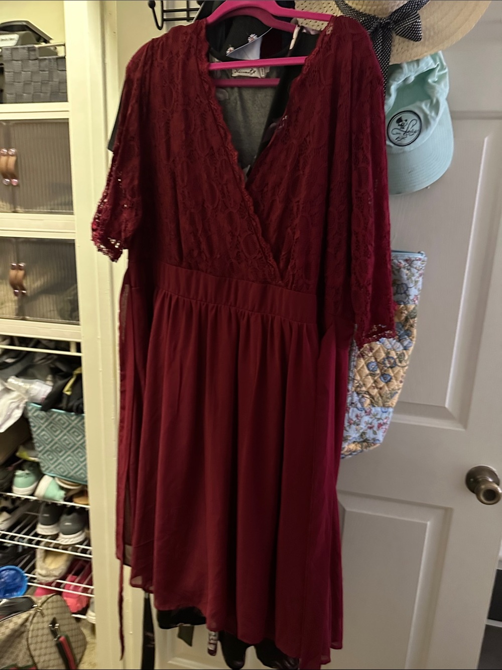 Amazon Burgundy Lace Midi Dress with V-Neck
